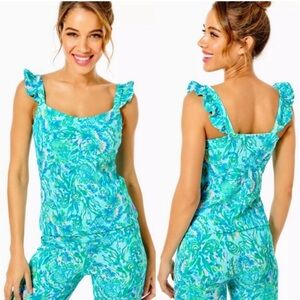 Lilly Pulitzer UPF 50+ LUXLETIC MARIBO BRA TANK IN SURF BLUE CORAL OF THE STORY